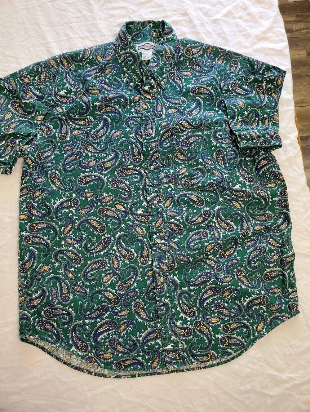 Gulf Traders Vintage Paisley Button Down Shirt Men's M Green Blue Yellow Cotton